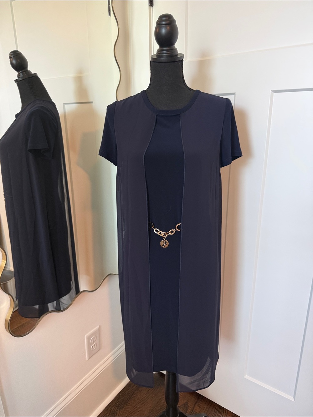 Joseph Ribkoff Navy Short-Sleeve Midi Dress with Gold Chain Accent